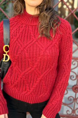 HIGH NECK SIMPLE KNITTED WOMEN SWEATER BURGUNDY/VISHNJE 