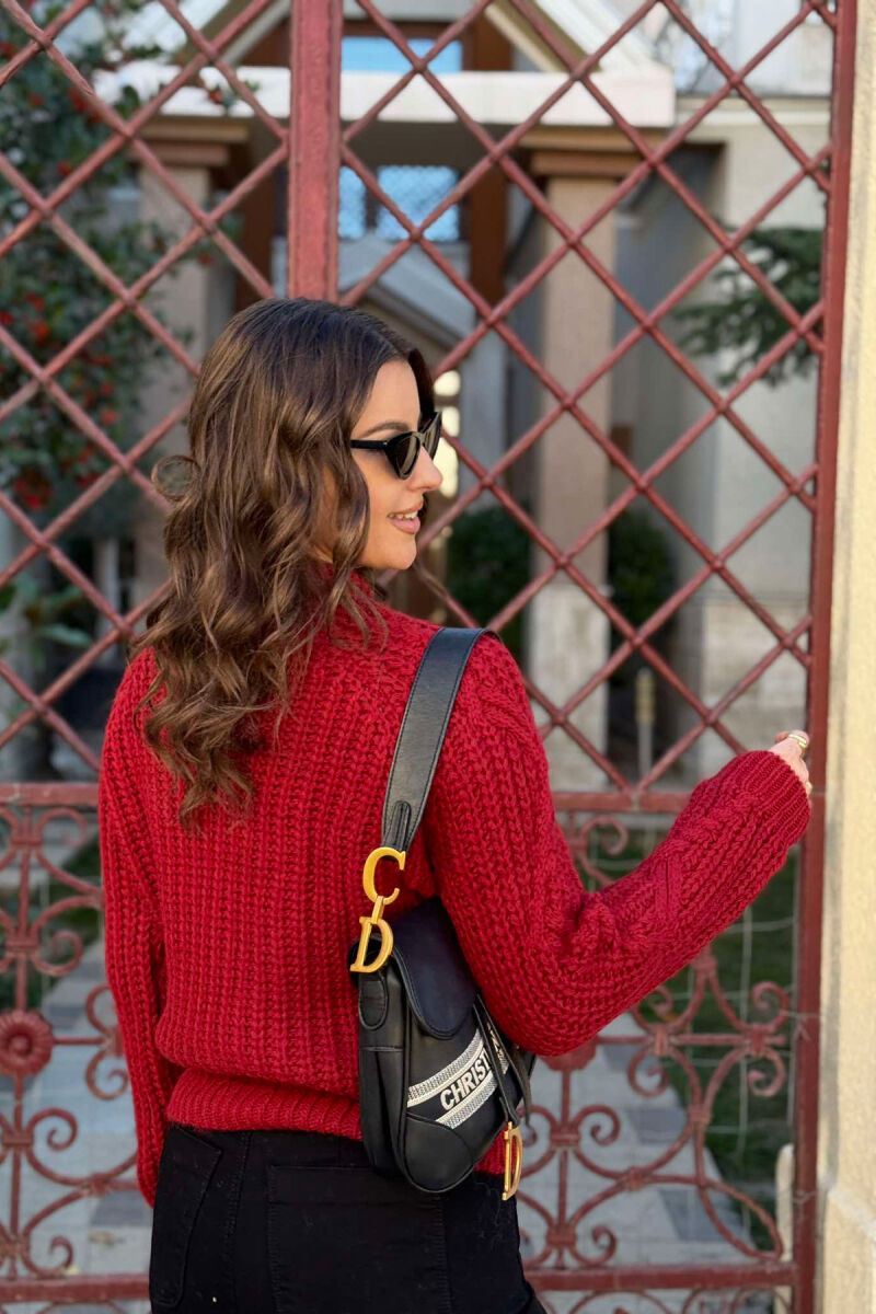 HIGH NECK SIMPLE KNITTED WOMEN SWEATER BURGUNDY/VISHNJE - 2