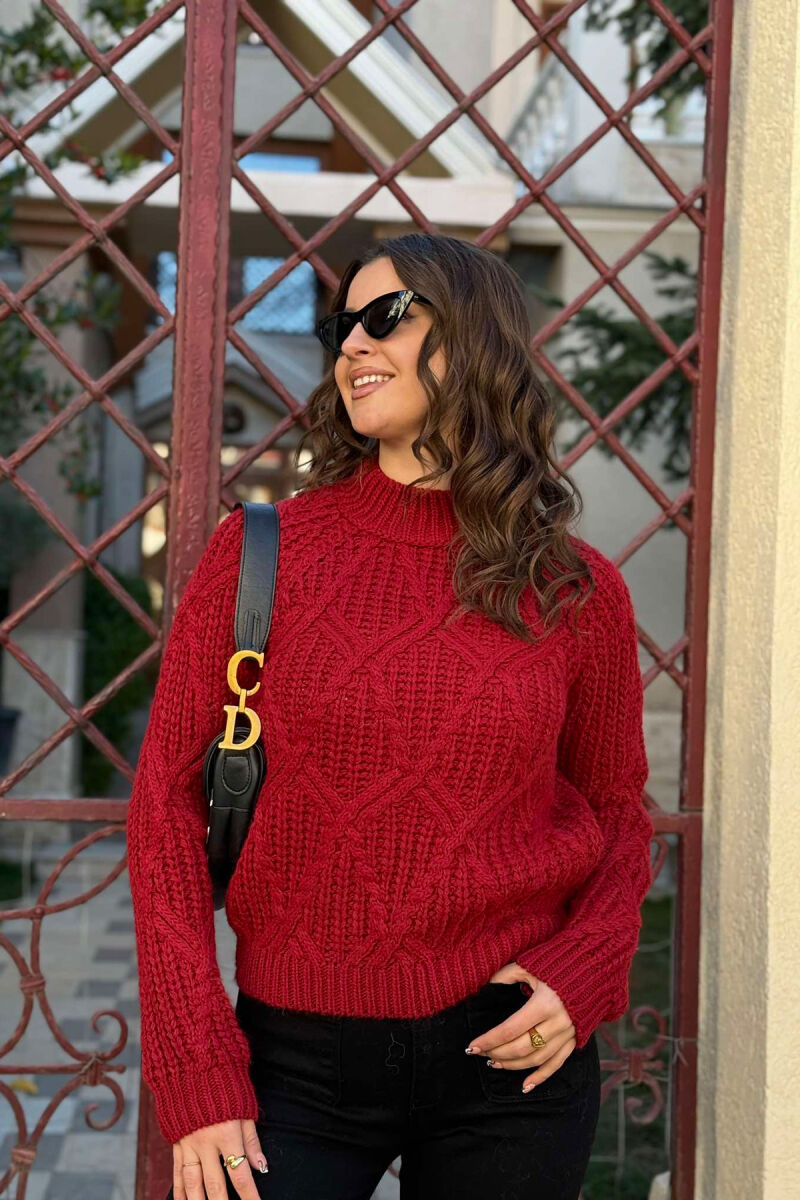 HIGH NECK SIMPLE KNITTED WOMEN SWEATER BURGUNDY/VISHNJE - 3