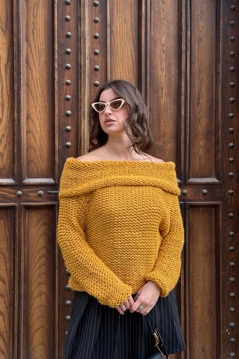 HIGH NECK SIMPLE KNITTED WOMEN SWEATER MUSTARD/MUSTARDE - 3