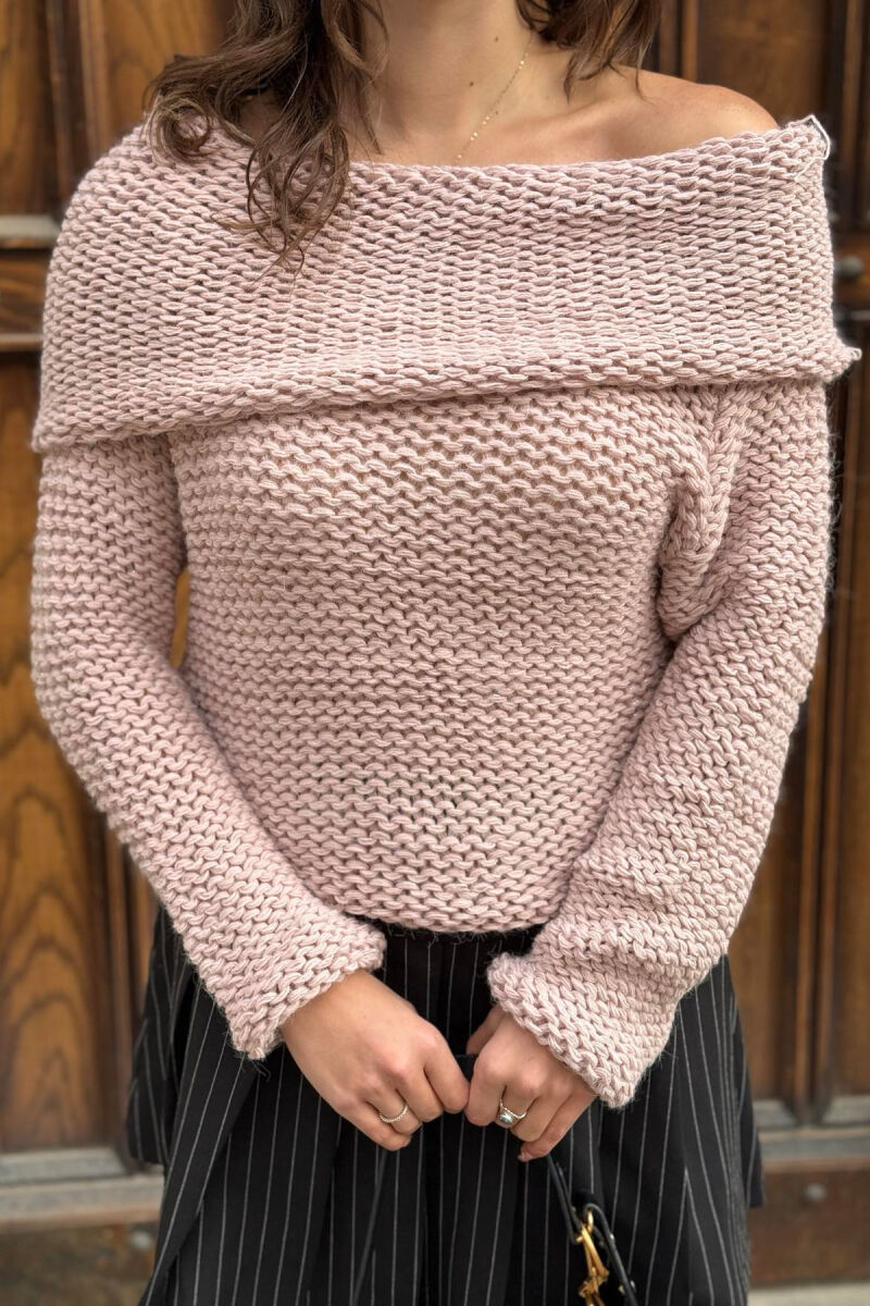 HIGH NECK SIMPLE KNITTED WOMEN SWEATER POWDER/PUDER - 1