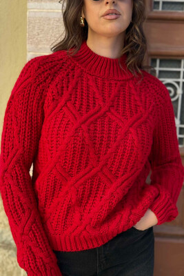 HIGH NECK SIMPLE KNITTED WOMEN SWEATER RED/E KUQE 