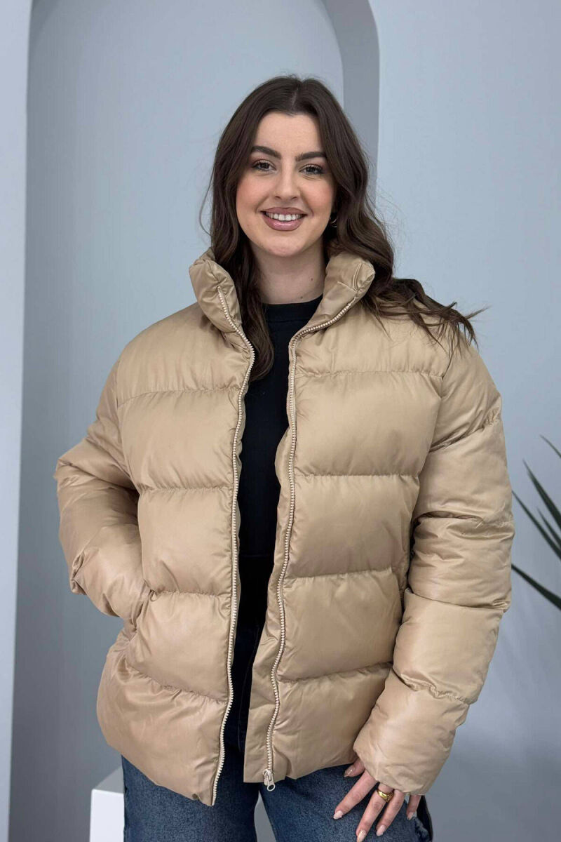 HIGH NECK SIMPLE WOMEN PUFFER JACKET BEIGE/BEZHE - 1