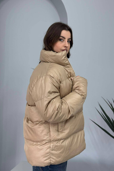 HIGH NECK SIMPLE WOMEN PUFFER JACKET BEIGE/BEZHE - 3
