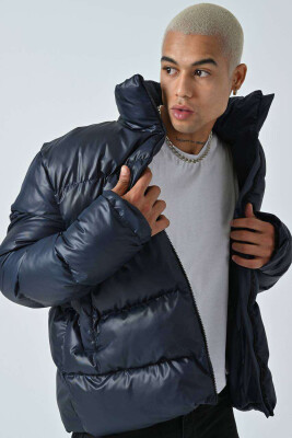 HIGH NECK SIMPLE MEN PUFFER JACKET BLUE/BLU 