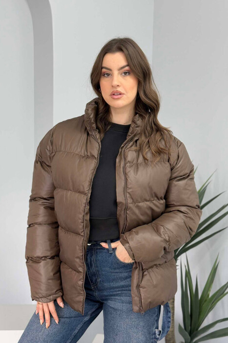 HIGH NECK SIMPLE WOMEN PUFFER JACKET BROWN/KAFE 
