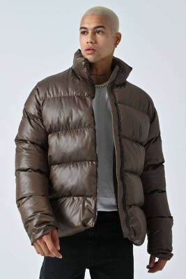 HIGH NECK SIMPLE MEN PUFFER JACKET BROWN/KAFE 