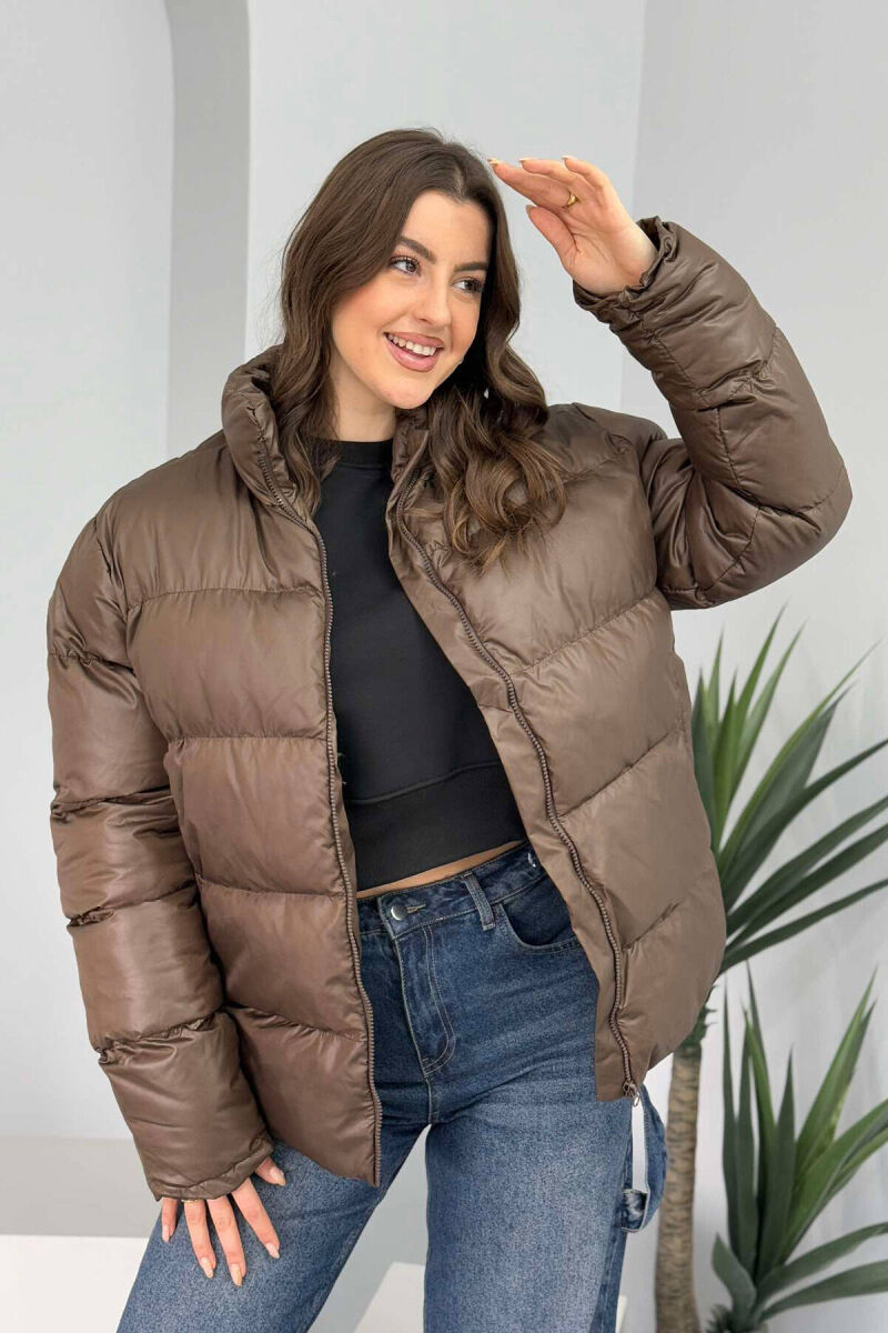 HIGH NECK SIMPLE WOMEN PUFFER JACKET BROWN/KAFE - 2