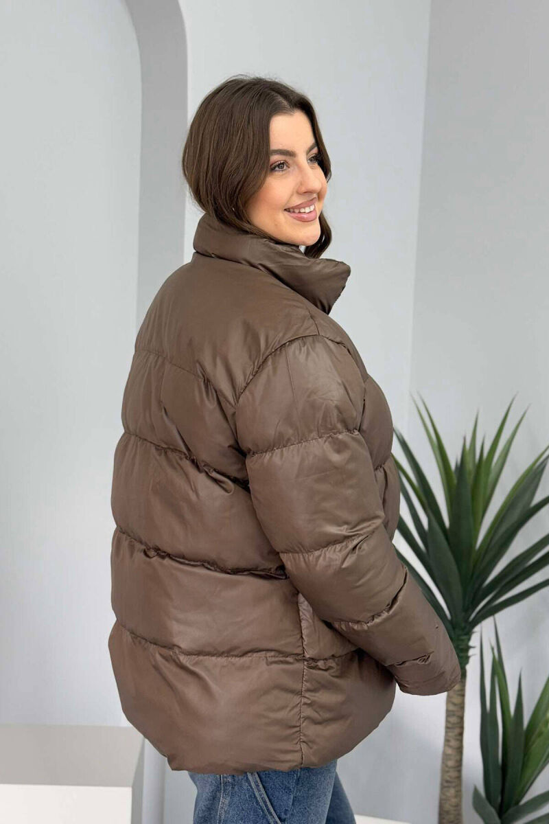 HIGH NECK SIMPLE WOMEN PUFFER JACKET BROWN/KAFE - 3