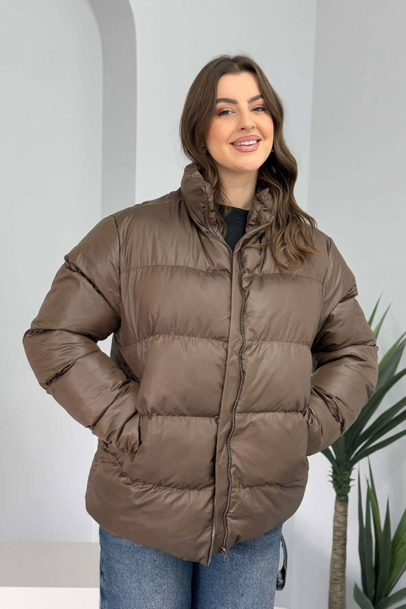 HIGH NECK SIMPLE WOMEN PUFFER JACKET BROWN/KAFE - 4