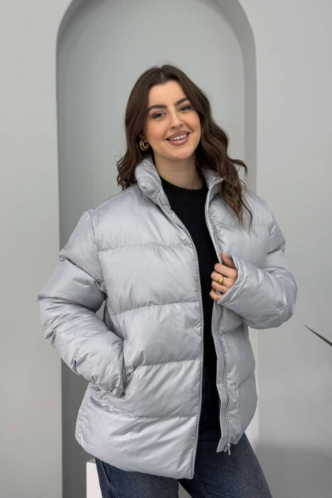 HIGH NECK SIMPLE WOMEN PUFFER JACKET LIGHT GREY/GZ 