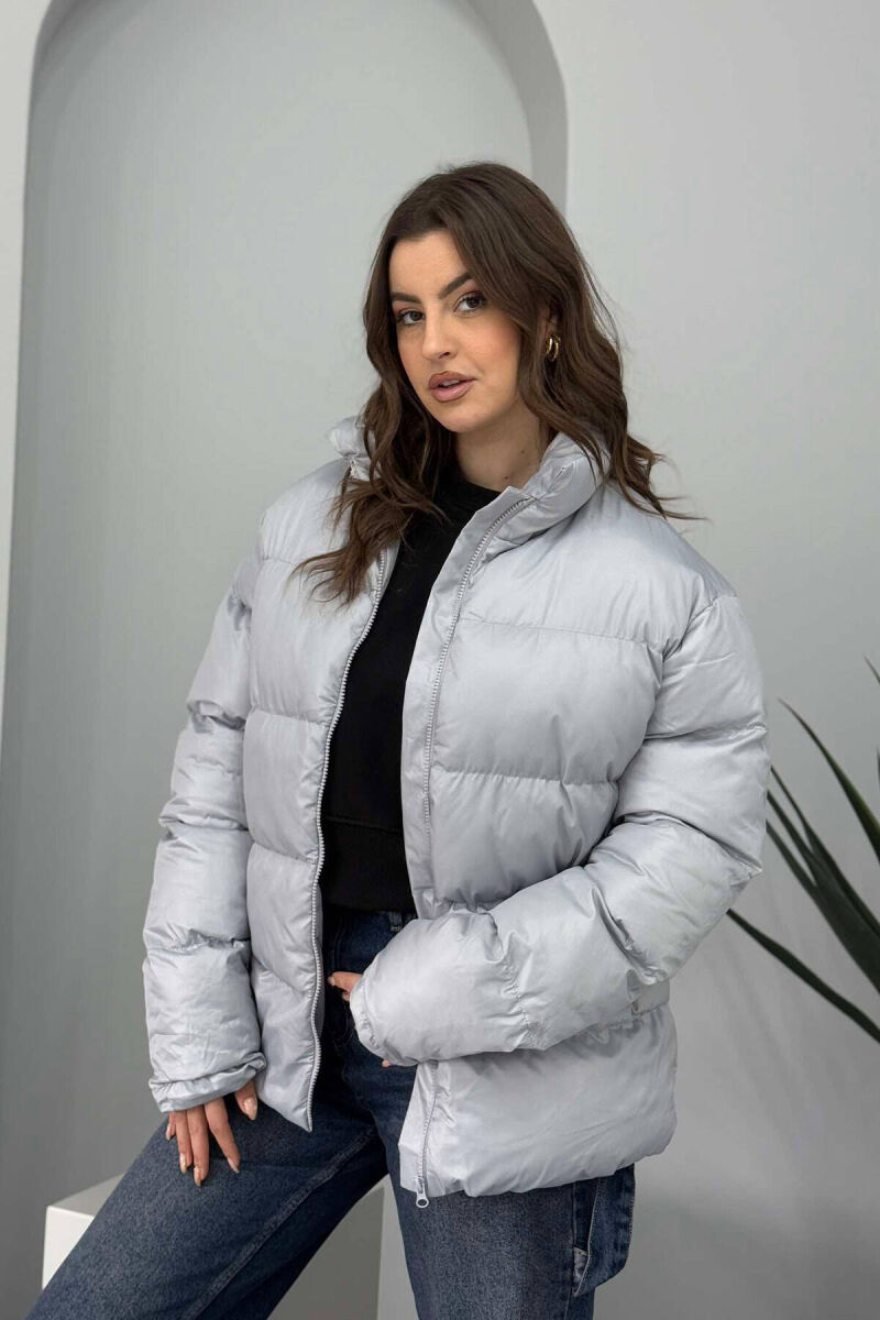 HIGH NECK SIMPLE WOMEN PUFFER JACKET LIGHT GREY/GZ - 2