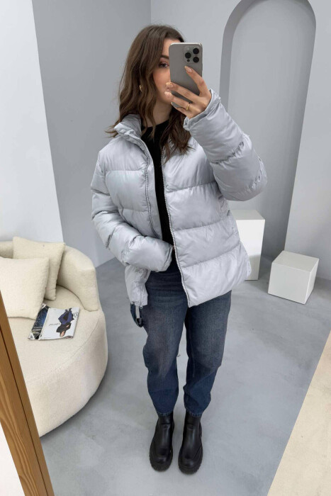HIGH NECK SIMPLE WOMEN PUFFER JACKET LIGHT GREY/GZ - 3