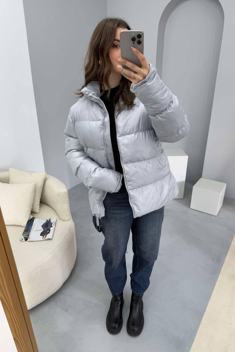 HIGH NECK SIMPLE WOMEN PUFFER JACKET LIGHT GREY/GZ - 3