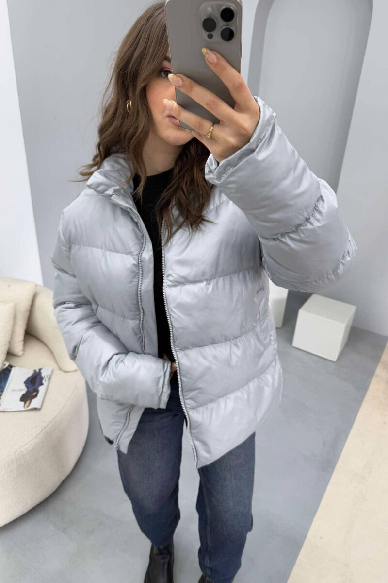 HIGH NECK SIMPLE WOMEN PUFFER JACKET LIGHT GREY/GZ - 4