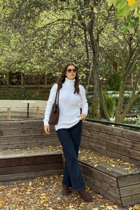 HIGH NECK SIMPLE ONE COLOR WOMEN SWEATER WHITE-E BARDHE 