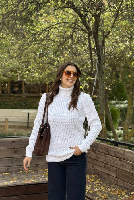 HIGH NECK SIMPLE ONE COLOR WOMEN SWEATER WHITE-E BARDHE - 2