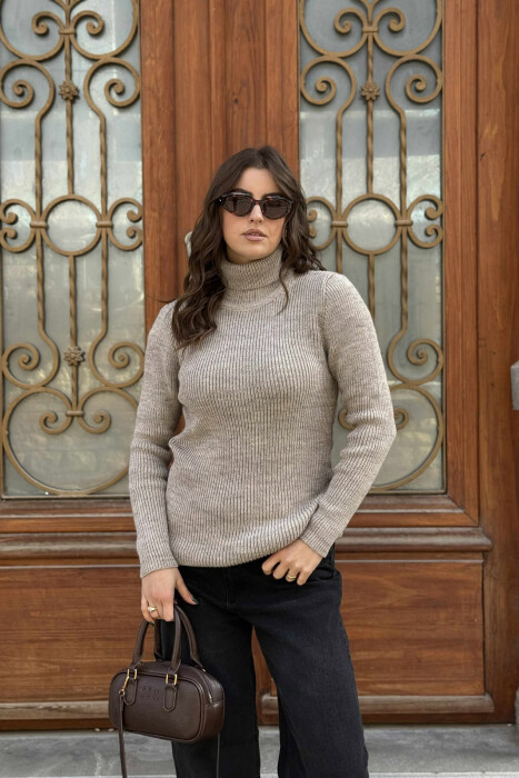 HIGH NECK SIMPLE ONE COLOR WOMEN SWEATER BEIGE/BEZHE 