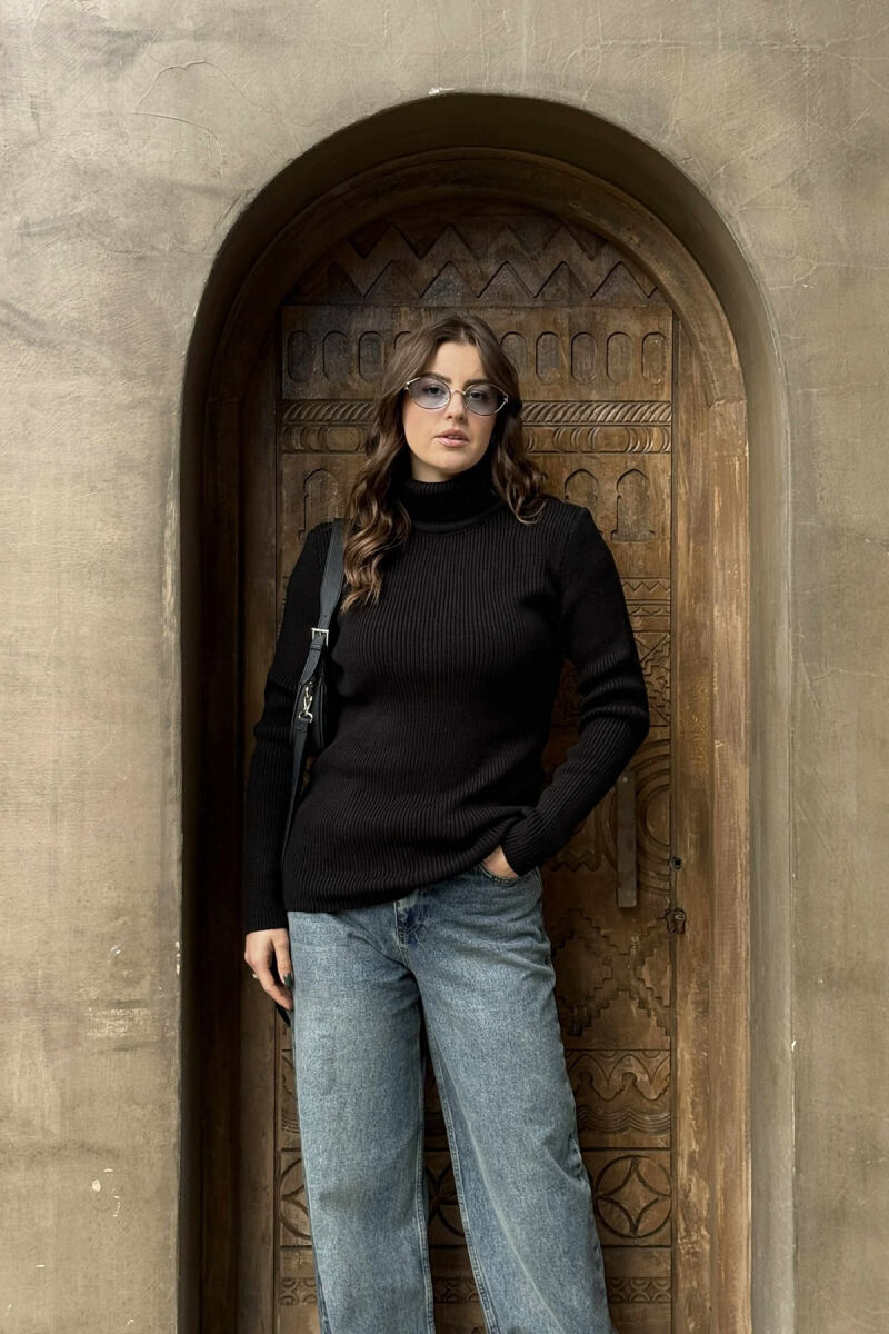 HIGH NECK SIMPLE ONE COLOR WOMEN SWEATER BLACK/ E ZEZE - 1