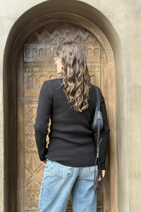 HIGH NECK SIMPLE ONE COLOR WOMEN SWEATER BLACK/ E ZEZE - 4