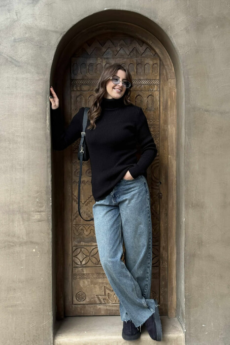 HIGH NECK SIMPLE ONE COLOR WOMEN SWEATER BLACK/ E ZEZE - 5