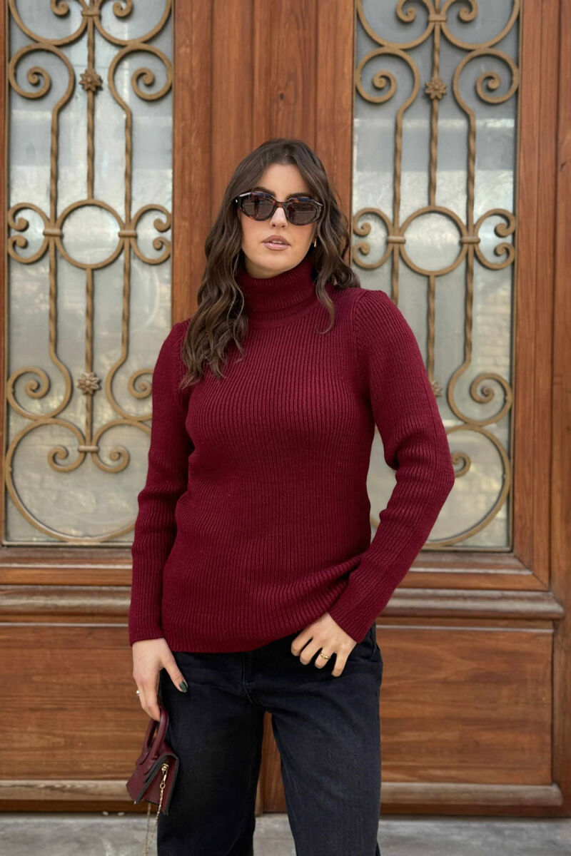 HIGH NECK SIMPLE ONE COLOR WOMEN SWEATER BURGUNDY/VISHNJE - 1