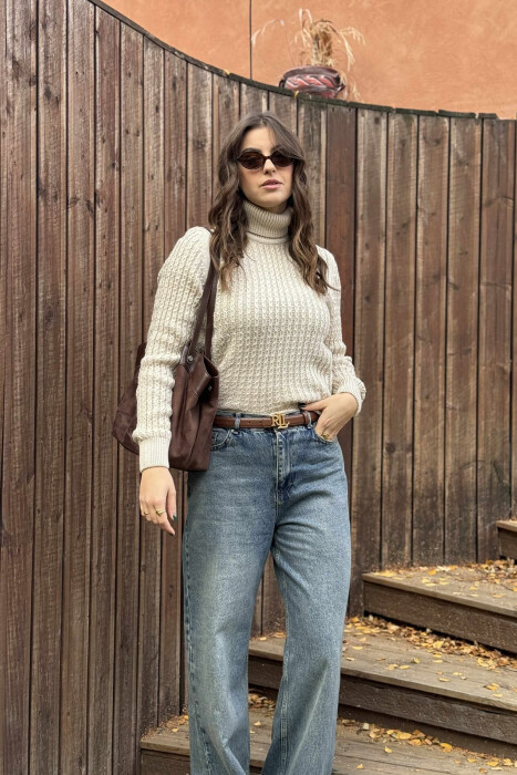 HIGH NECK SIMPLE ONE COLOR WOMEN SWEATER BEIGE/BEZHE - 1