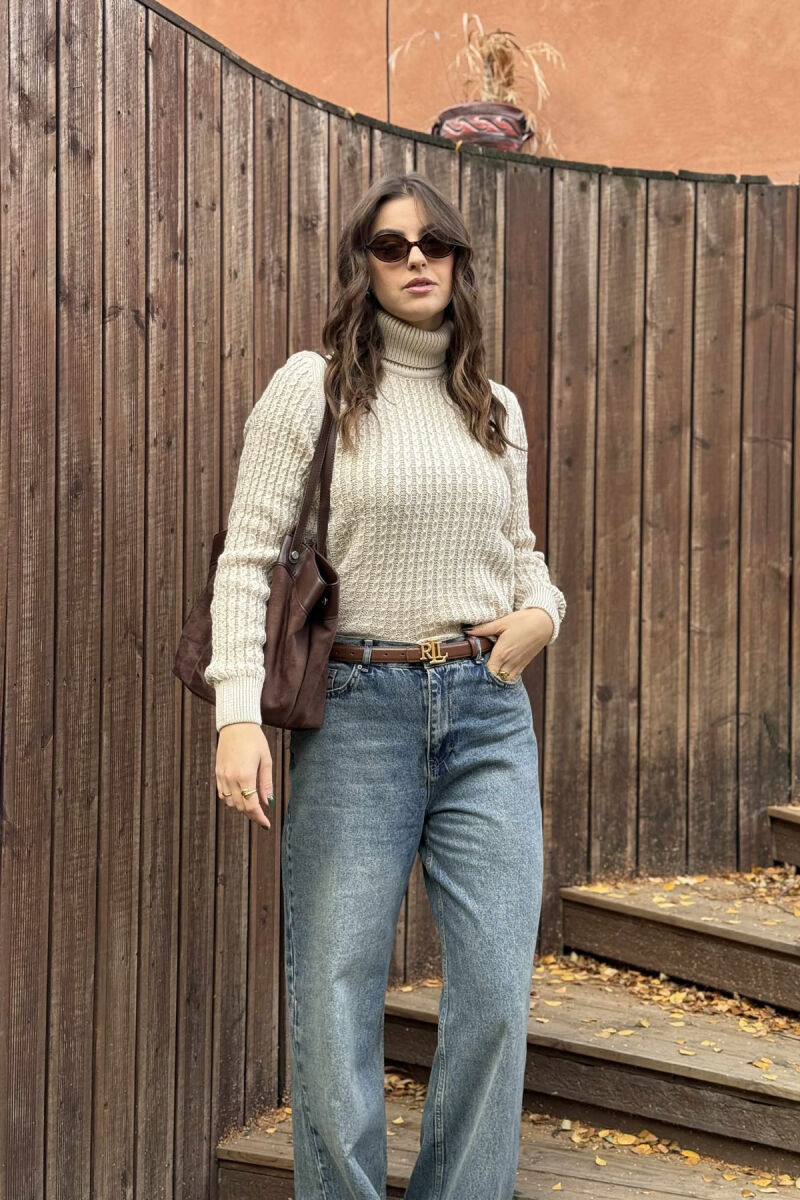 HIGH NECK SIMPLE ONE COLOR WOMEN SWEATER BEIGE/BEZHE - 1
