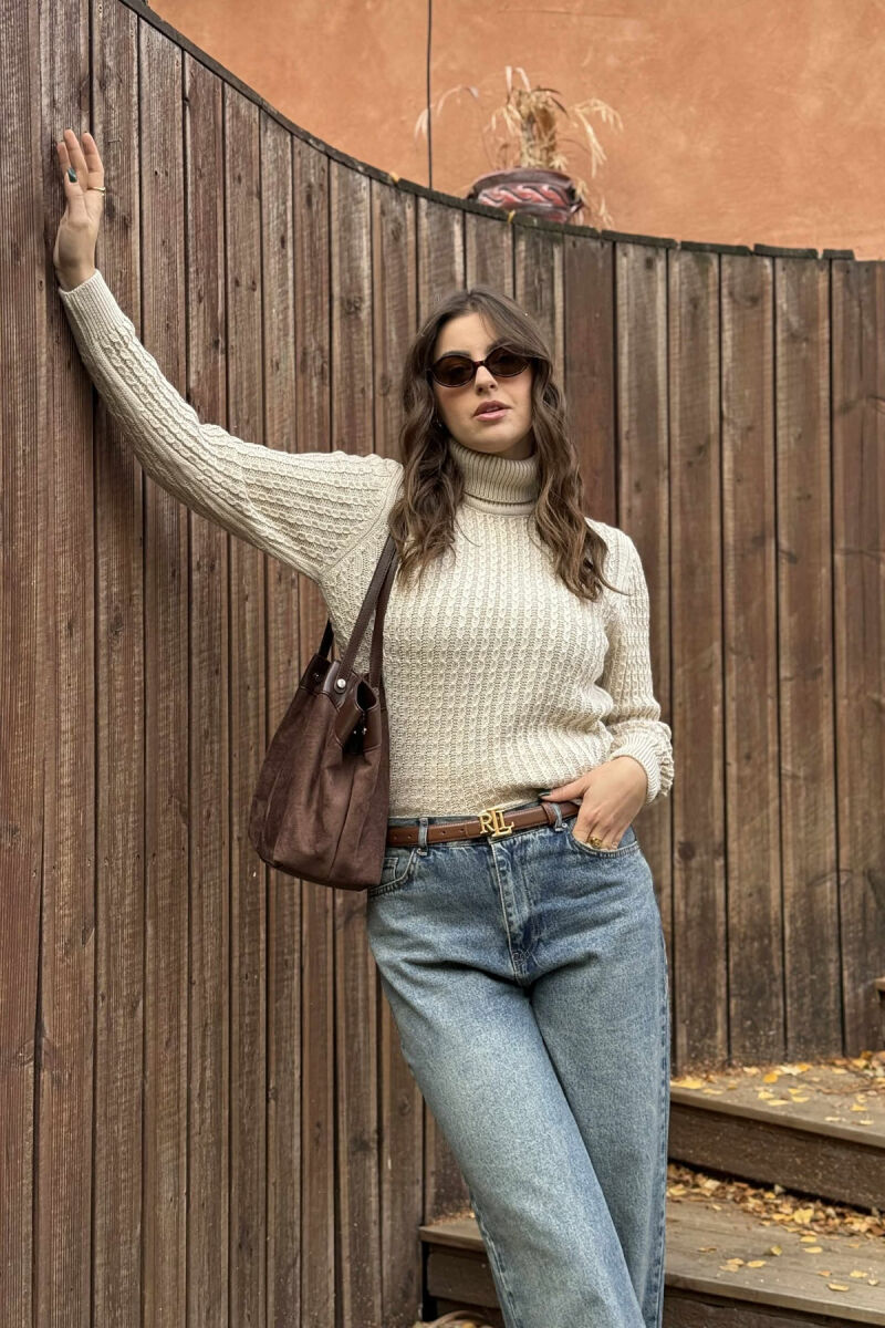 HIGH NECK SIMPLE ONE COLOR WOMEN SWEATER BEIGE/BEZHE - 2