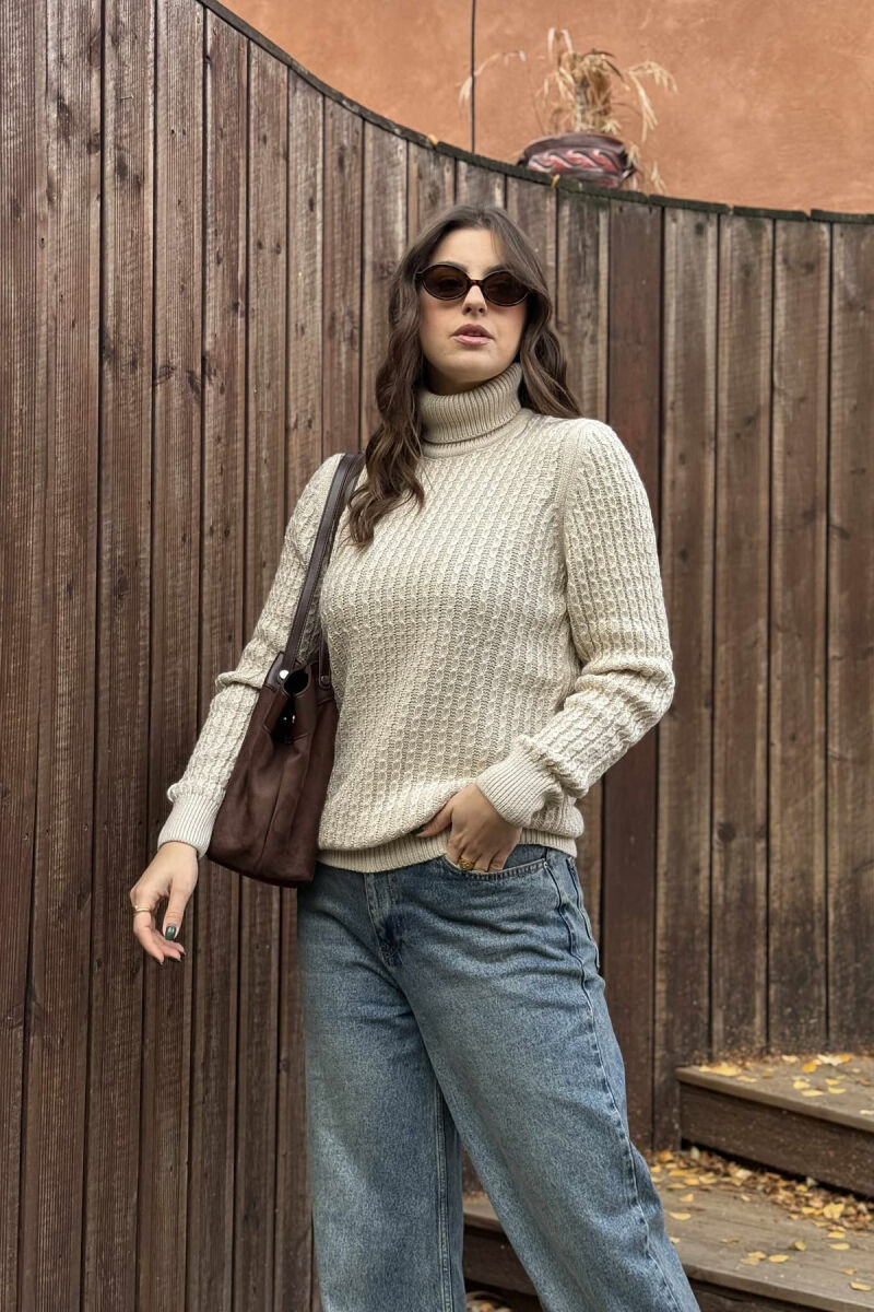 HIGH NECK SIMPLE ONE COLOR WOMEN SWEATER BEIGE/BEZHE - 3