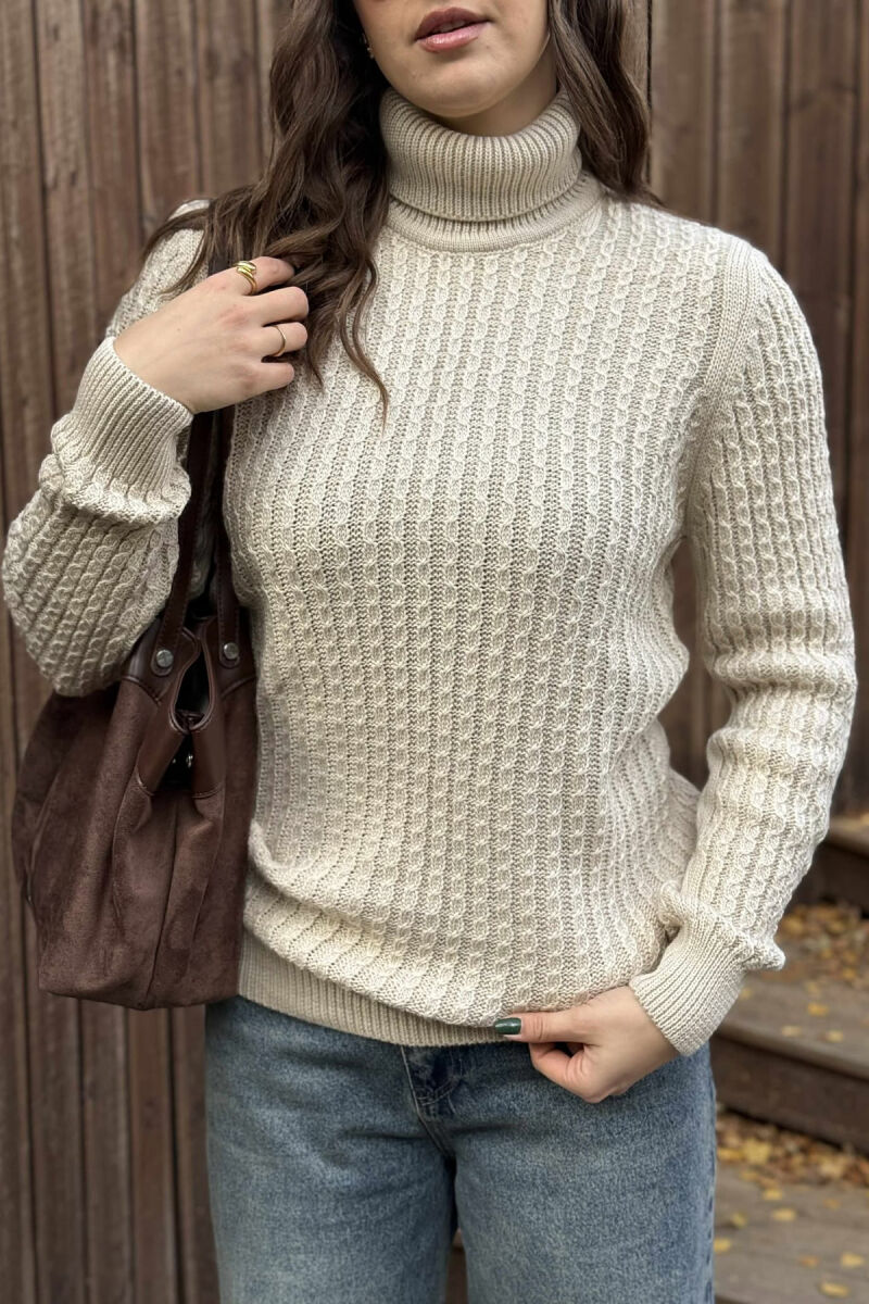 HIGH NECK SIMPLE ONE COLOR WOMEN SWEATER BEIGE/BEZHE - 4