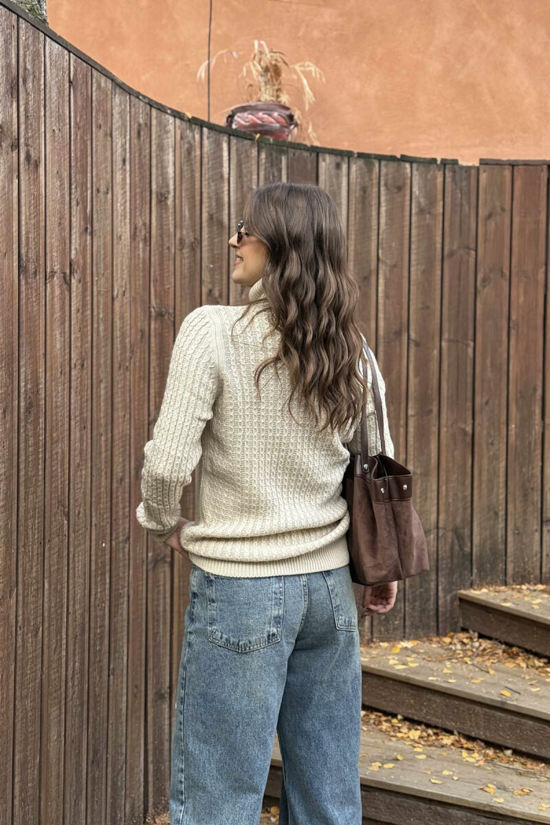 HIGH NECK SIMPLE ONE COLOR WOMEN SWEATER BEIGE/BEZHE - 5