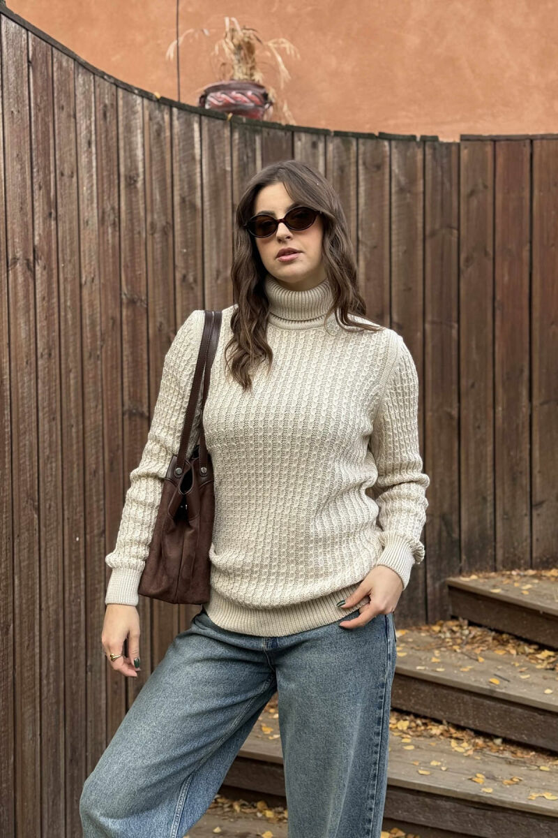 HIGH NECK SIMPLE ONE COLOR WOMEN SWEATER BEIGE/BEZHE - 6