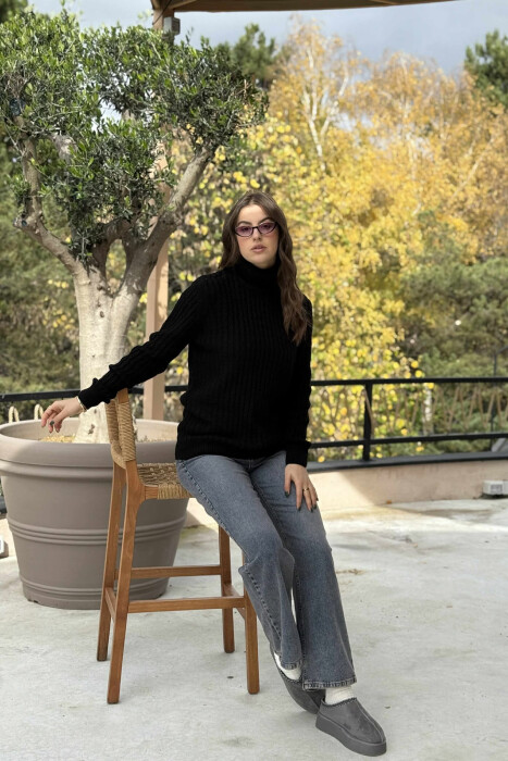 HIGH NECK SIMPLE ONE COLOR WOMEN SWEATER BLACK/ E ZEZE - 4