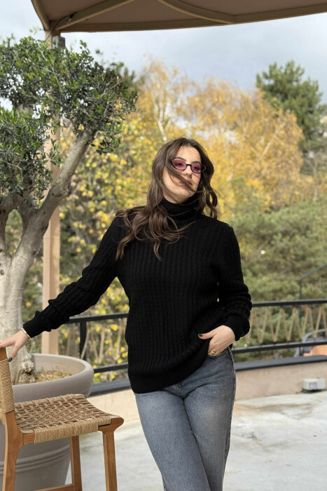 HIGH NECK SIMPLE ONE COLOR WOMEN SWEATER BLACK/ E ZEZE 