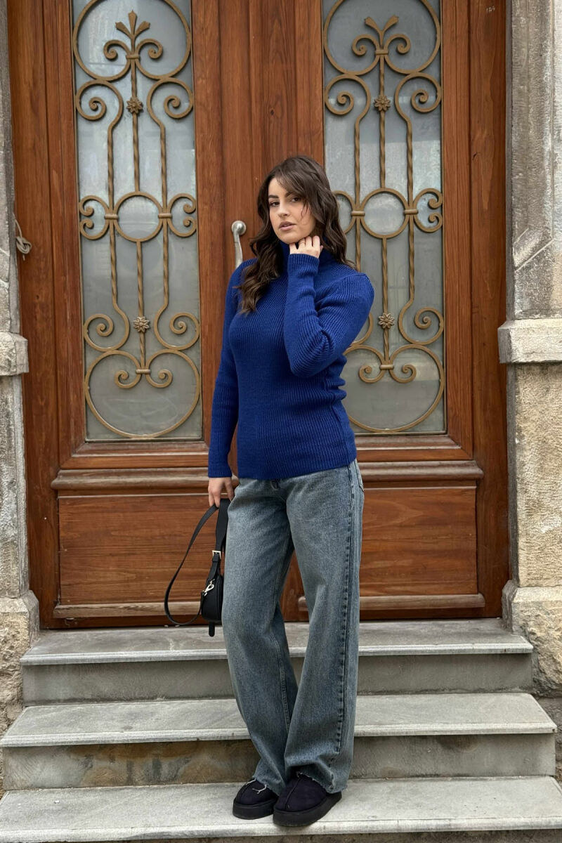 HIGH NECK SIMPLE ONE COLOR WOMEN SWEATER BLUE/BLU - 1