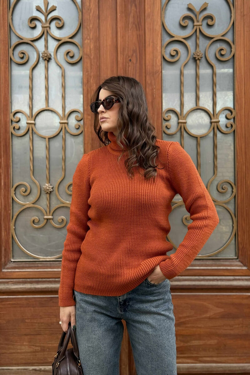 HIGH NECK SIMPLE ONE COLOR WOMEN SWEATER BRICK/TULLE - 3