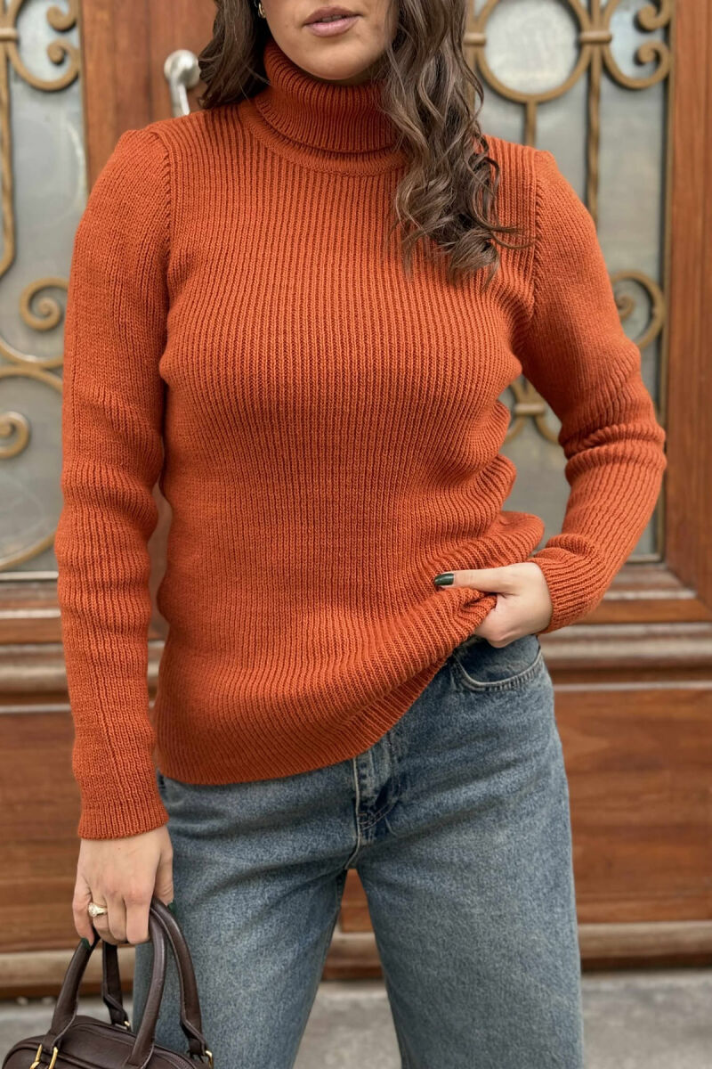 HIGH NECK SIMPLE ONE COLOR WOMEN SWEATER BRICK/TULLE - 4