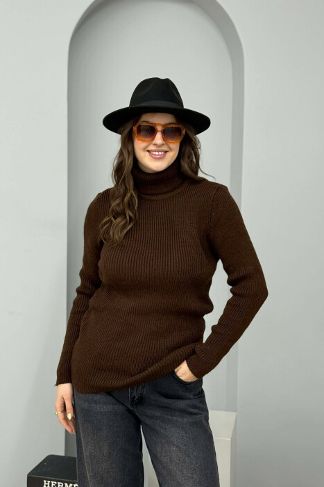 HIGH NECK SIMPLE ONE COLOR WOMEN SWEATER BROWN/KAFE - KLAUDIO FASHION