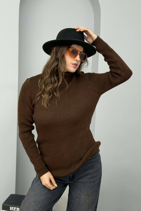 HIGH NECK SIMPLE ONE COLOR WOMEN SWEATER BROWN/KAFE - 2