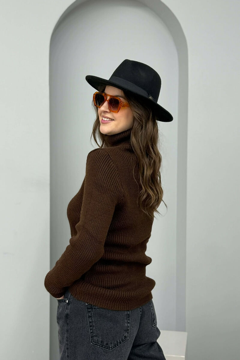 HIGH NECK SIMPLE ONE COLOR WOMEN SWEATER BROWN/KAFE - 3