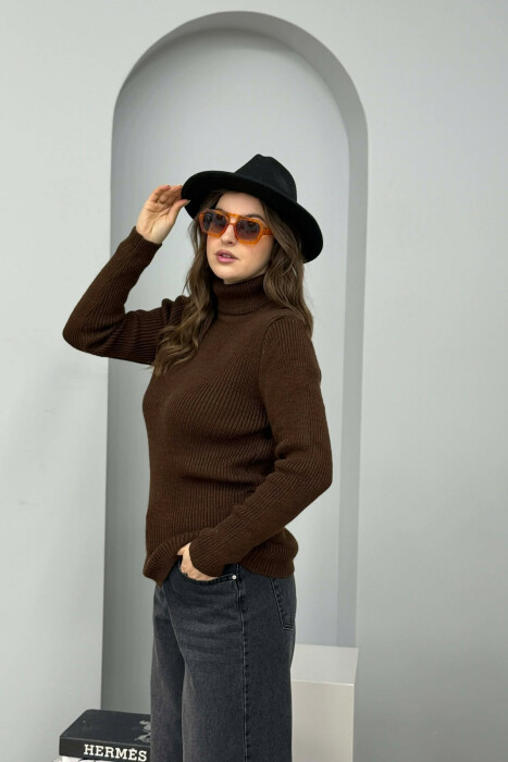 HIGH NECK SIMPLE ONE COLOR WOMEN SWEATER BROWN/KAFE - 4