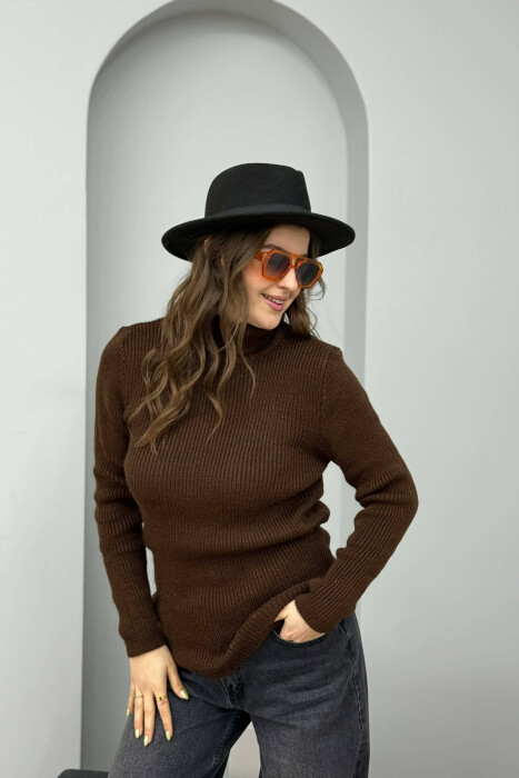 HIGH NECK SIMPLE ONE COLOR WOMEN SWEATER BROWN/KAFE - 5
