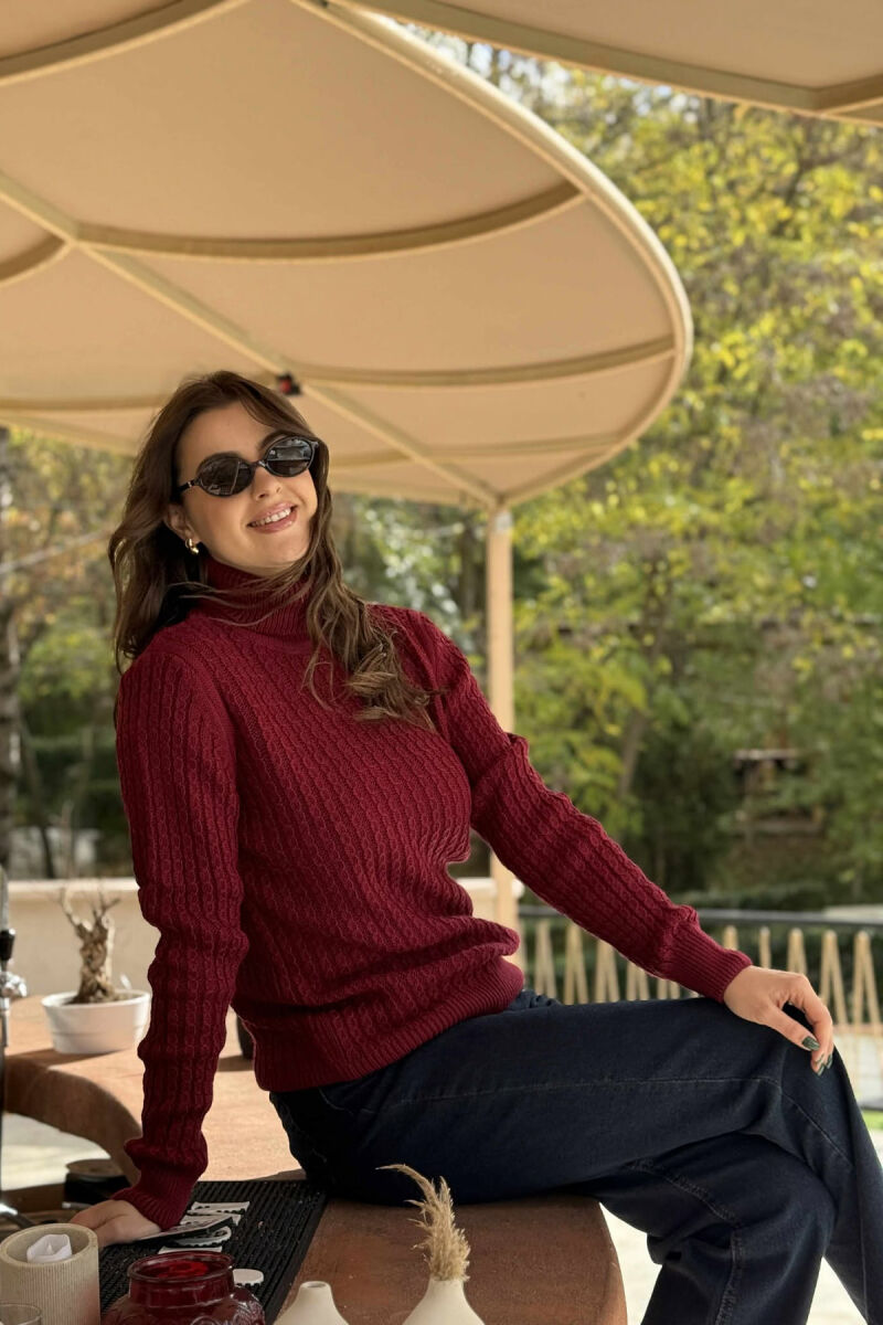 HIGH NECK SIMPLE ONE COLOR WOMEN SWEATER BURGUNDY/VISHNJE - 2