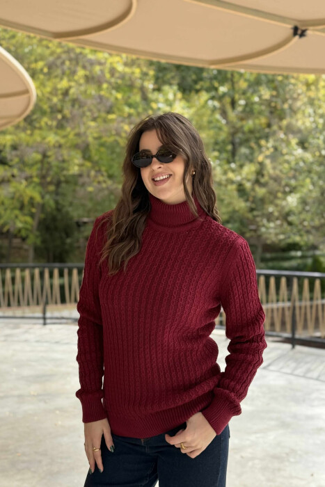 HIGH NECK SIMPLE ONE COLOR WOMEN SWEATER BURGUNDY/VISHNJE - 3