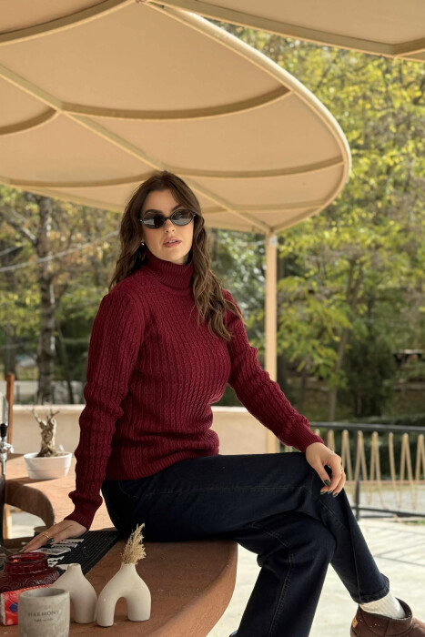 HIGH NECK SIMPLE ONE COLOR WOMEN SWEATER BURGUNDY/VISHNJE - 4