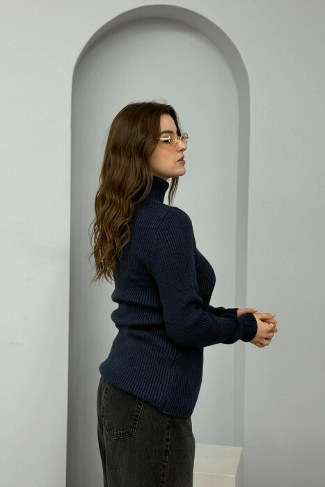 HIGH NECK SIMPLE ONE COLOR WOMEN SWEATER DARK BLUE/BEE - 3