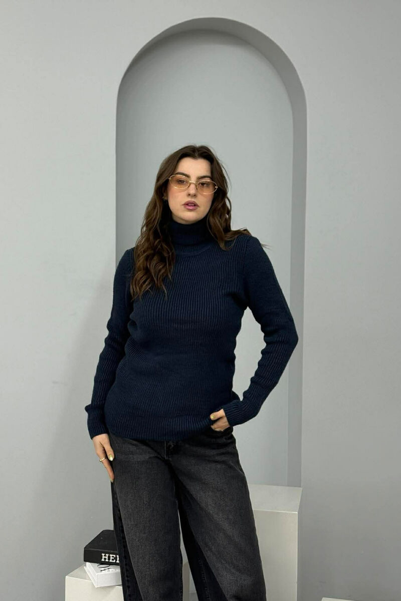 HIGH NECK SIMPLE ONE COLOR WOMEN SWEATER DARK BLUE/BEE - 4