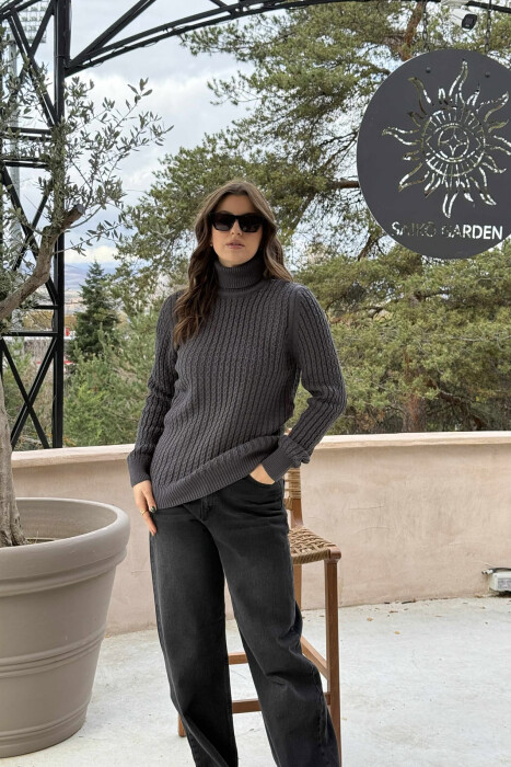 HIGH NECK SIMPLE ONE COLOR WOMEN SWEATER DARK GREY/GEE - KLAUDIO FASHION