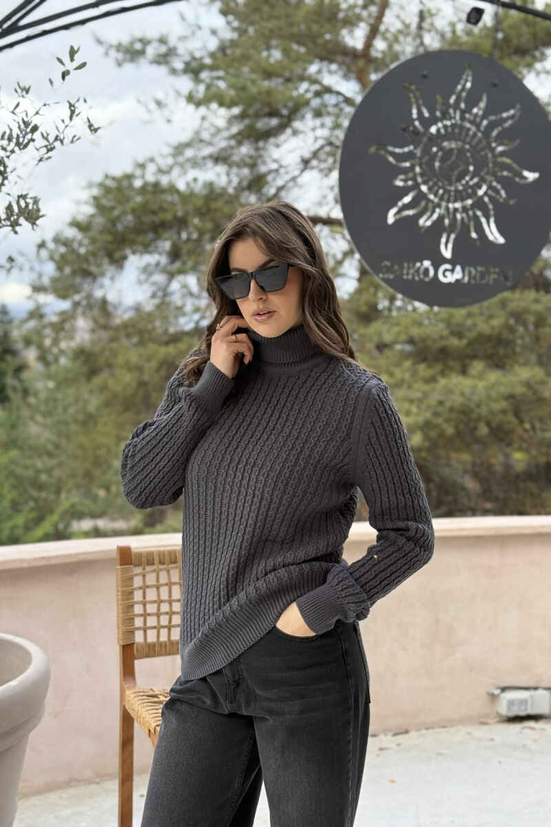 HIGH NECK SIMPLE ONE COLOR WOMEN SWEATER DARK GREY/GEE - 2
